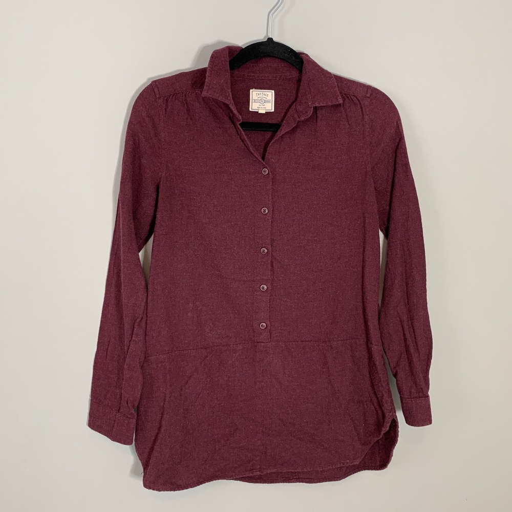Fat Face Womens Burgundy Cotton Flannel‎ Long Sleeve Tunic Shirt Size 2